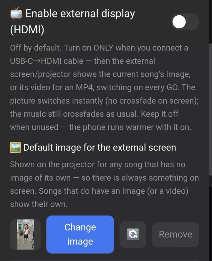 The external display (HDMI) settings screen