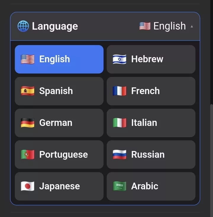 The app language selector — ten languages